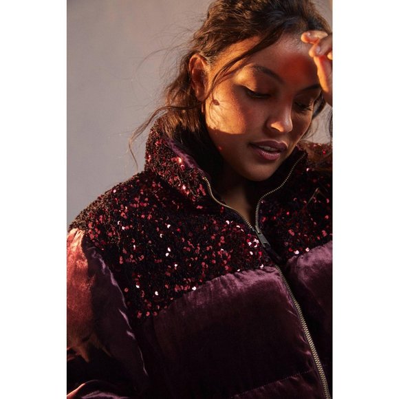 Anthropologie Velour Sequined Puffer Jacket Coat - Picture 4 of 16